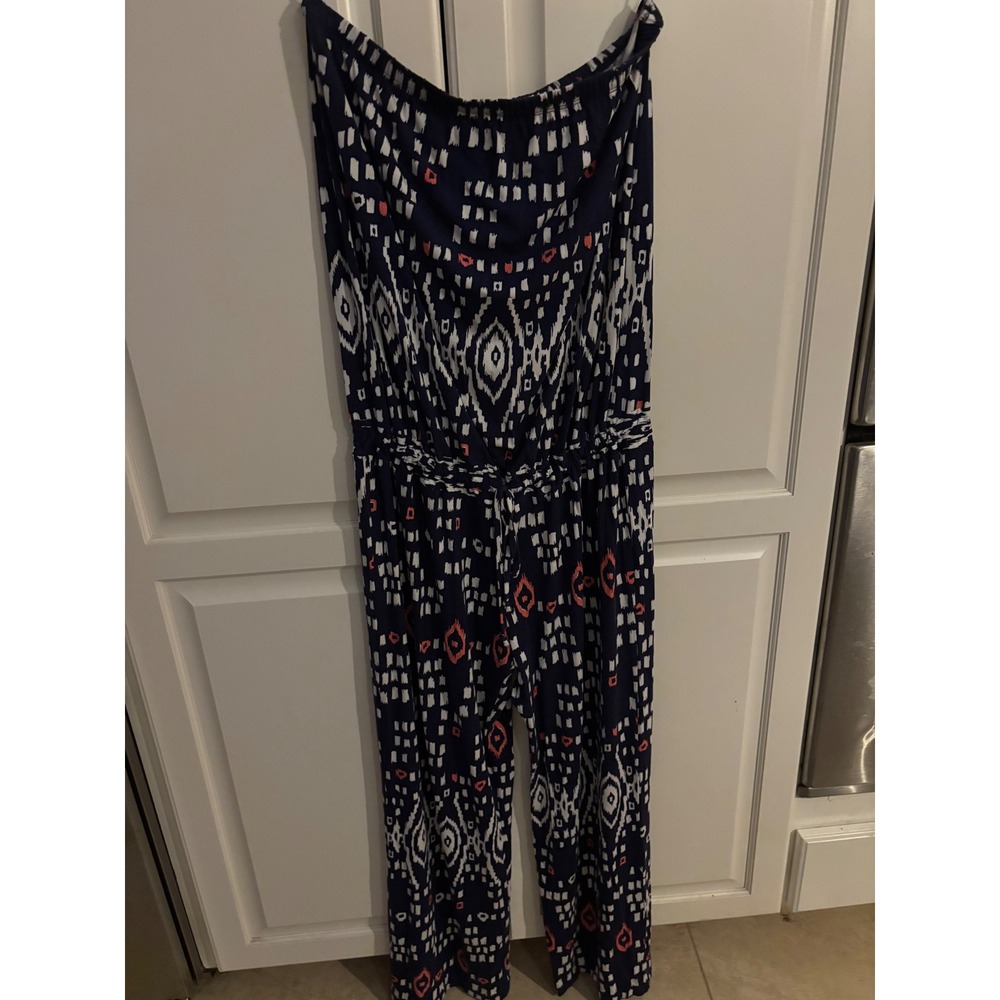 Tori Richard Honolulu Strapless Jumpsuit Ikat Print Navy Blue M